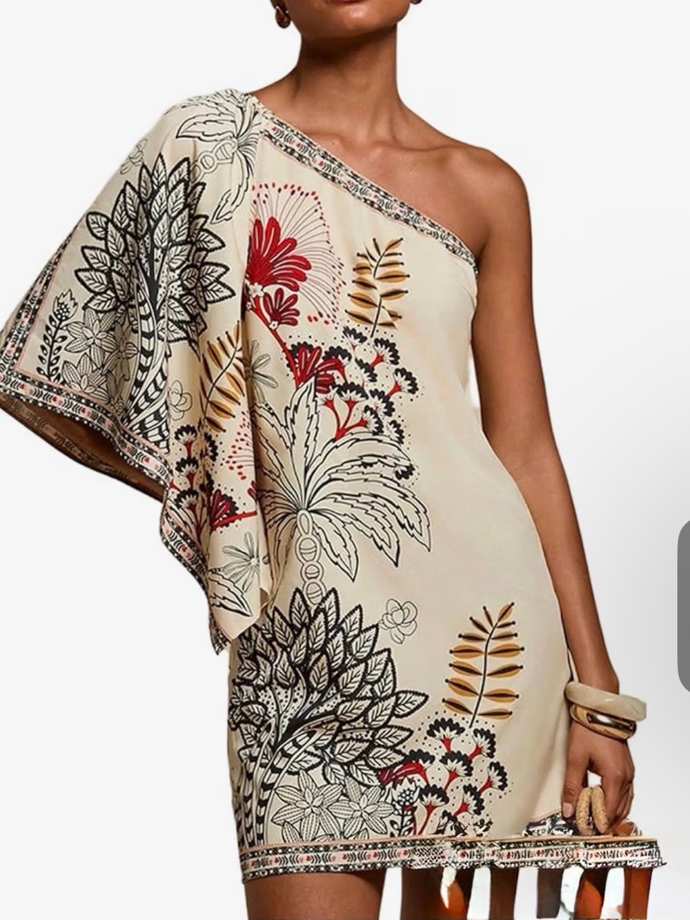 The NEW Boutique One-Shoulder Floral Mini Dress in Cream, Red and Black